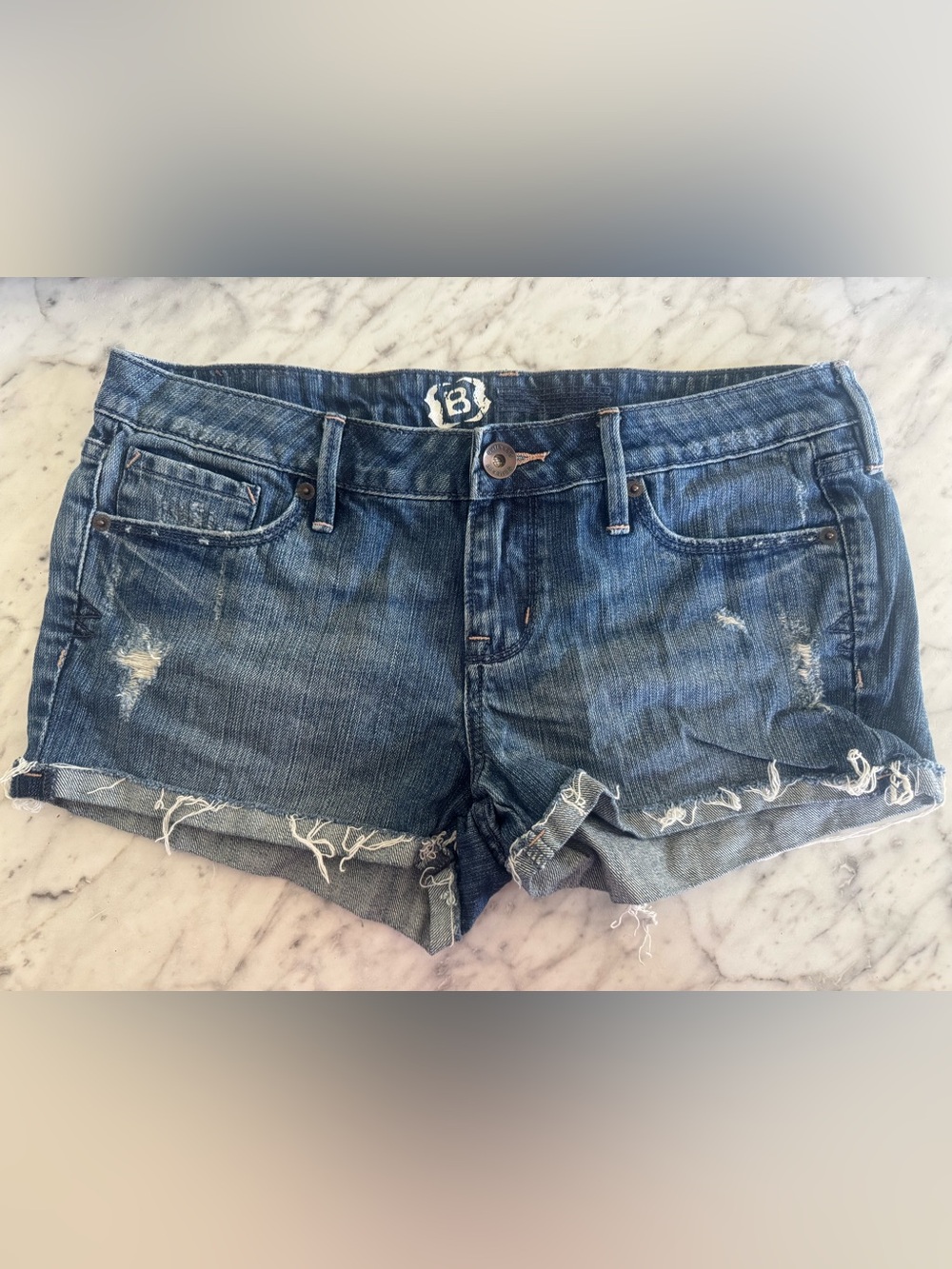 Buckle Distressed Denim Rolled-Hem Shorts - Blue